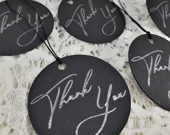 Thank You Black and Silver 110 lb. Cardstock Personalized Tags Sets of 20 for Wedding, Birthday, Anniversary, Holidays, Business, w/string