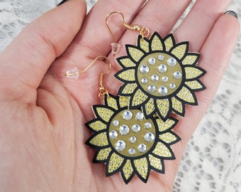 Faux Leather Textured Sunflower Earrings, gift for her, flower earring gift, surgical steel earring, birthday gift, Christmas, girlfriend