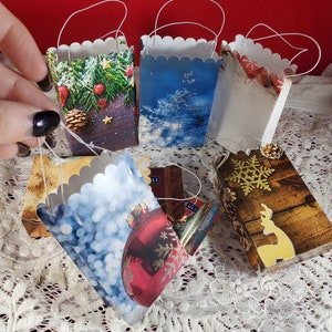 Mini Christmas Holiday Theme Treat or Gift Bags, mini candy bags, jewelry bags, gift card bags, cheerful Christmas reindeer and snowflakes image 1