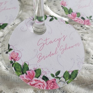Wine Glass Pink Floral Roses Drink Tags for Parties Weddings Holidays Minimalist Stem Name Marker Bridal Shower Birthday