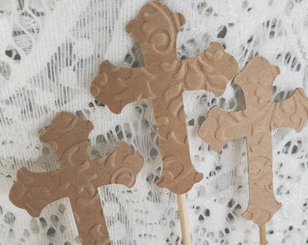 Holy Cross Embossed Kraft Cupcake Toppers Communion Confirmation Baptism Religious Event food appetizer pick