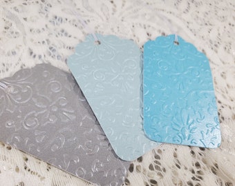 Damask Embossed Shimmer Tags Fancy design Winter Wedding Tags Birthday Gift Multiple Colors, 3 X 3.25 inch notes