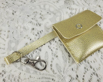 Keychain coin purse in gold faux leather with long strap Christmas gift birthday present small jewelry bag hand-made