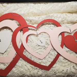 Hanging Hearts Valentine's Day large indoor Decorations with rhinestone accents, pink, red, and white cardstock cutouts image 3