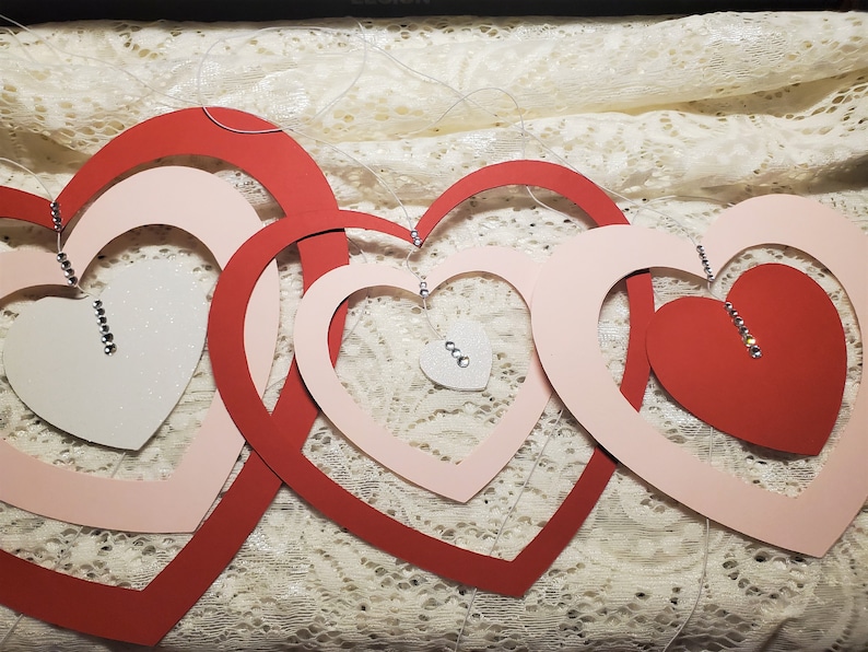 Hanging Hearts Valentine's Day large indoor Decorations with rhinestone accents, pink, red, and white cardstock cutouts image 3