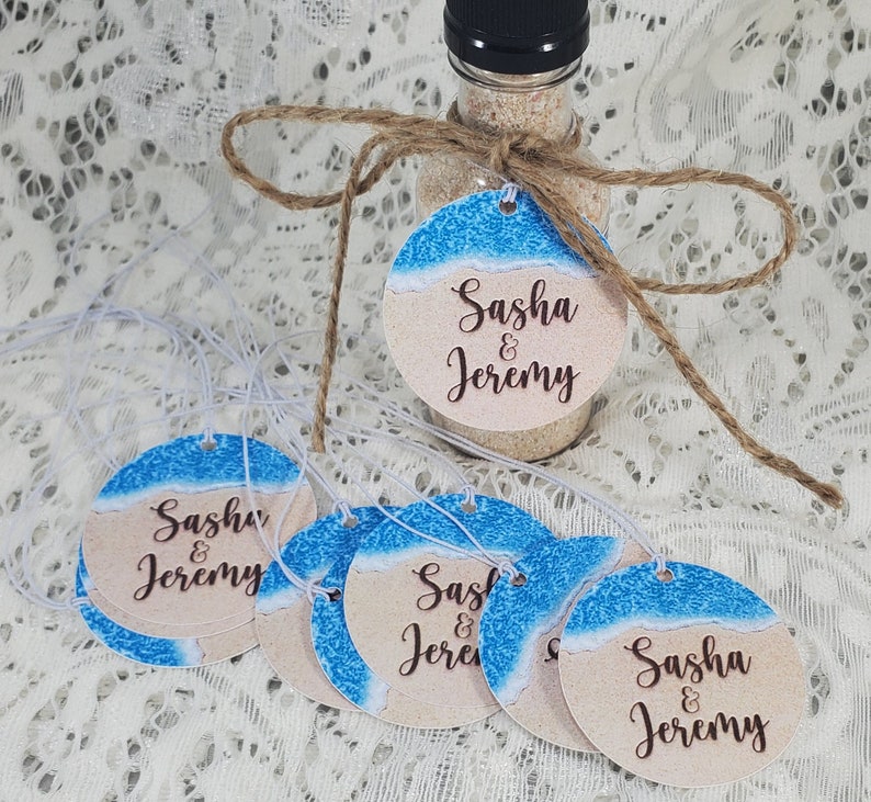 Beach Theme 110 lb. Cardstock Personalized Tags for Destination Wedding Birthday Anniversary Sand Ocean Favor w/string image 7