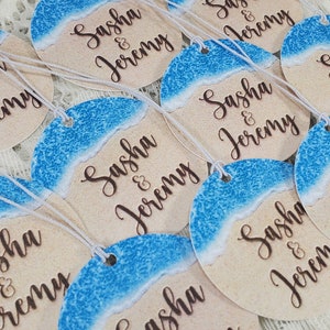 Beach Theme 110 lb. Cardstock Personalized Tags for Destination Wedding Birthday Anniversary Sand Ocean Favor w/string image 3