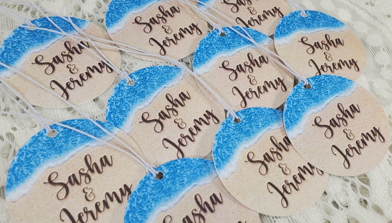 Beach Theme 110 lb. Cardstock Personalized Tags for Destination Wedding Birthday Anniversary Sand Ocean Favor w/string image 3