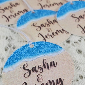 Beach Theme 110 lb. Cardstock Personalized Tags for Destination Wedding Birthday Anniversary Sand Ocean Favor w/string image 6