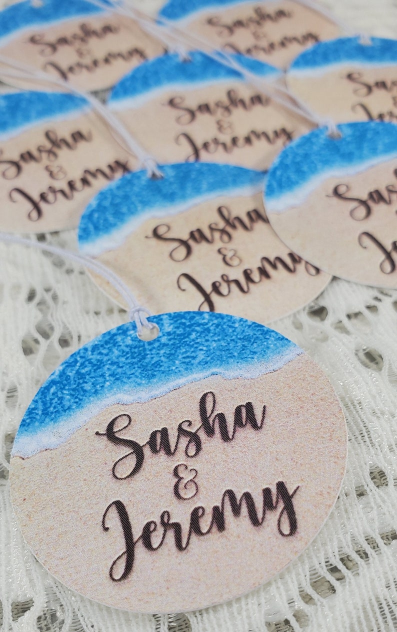 Beach Theme 110 lb. Cardstock Personalized Tags for Destination Wedding Birthday Anniversary Sand Ocean Favor w/string image 6