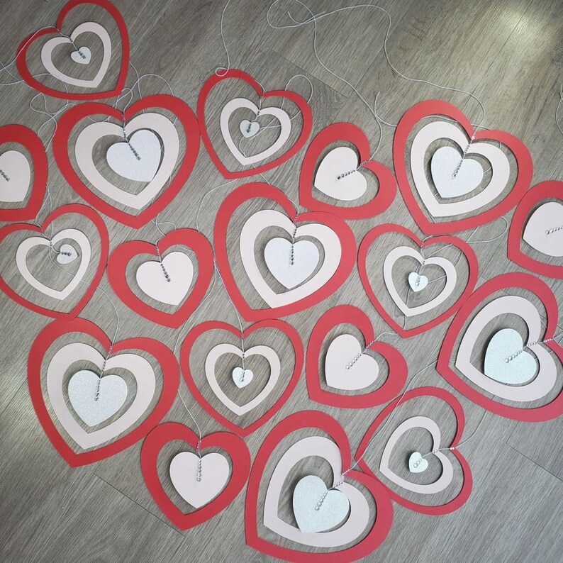 Hanging Hearts Valentine's Day large indoor Decorations with rhinestone accents, pink, red, and white cardstock cutouts image 4