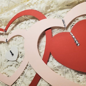 Hanging Hearts Valentine's Day large indoor Decorations with rhinestone accents, pink, red, and white cardstock cutouts image 9