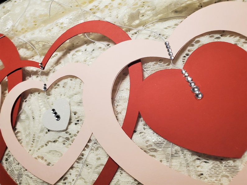 Hanging Hearts Valentine's Day large indoor Decorations with rhinestone accents, pink, red, and white cardstock cutouts image 9