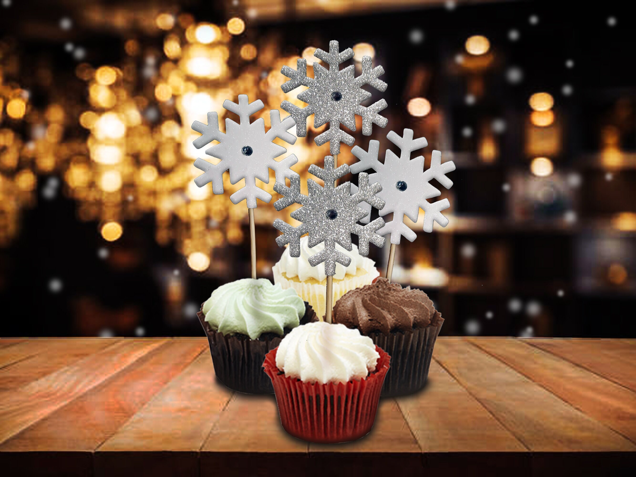 Snowflake glitter cupcake toppers with rhinestones glitter decorations wedding toppers winter theme decor winter wedding