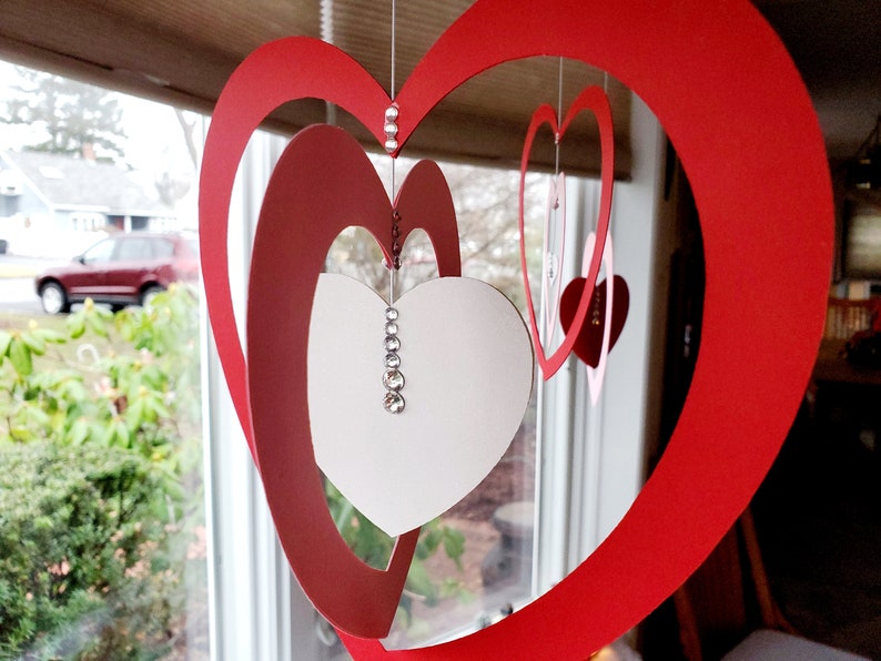 Hanging Hearts Valentine's Day large indoor Decorations with rhinestone accents, pink, red, and white cardstock cutouts image 8