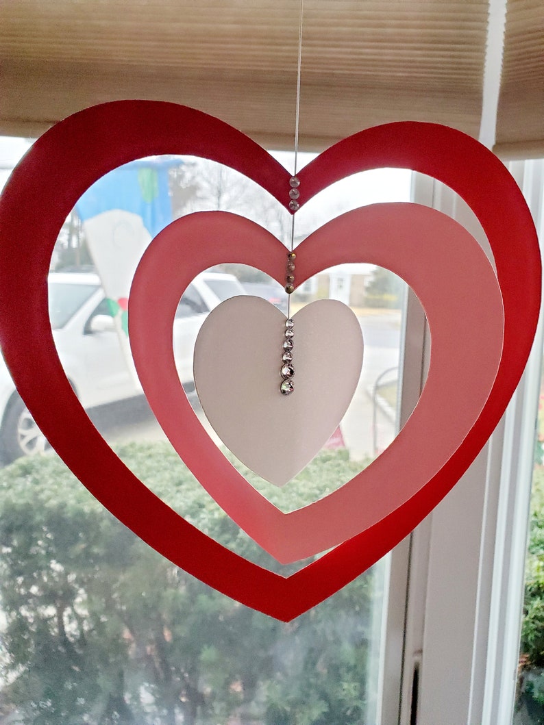 Hanging Hearts Valentine's Day large indoor Decorations with rhinestone accents, pink, red, and white cardstock cutouts image 5
