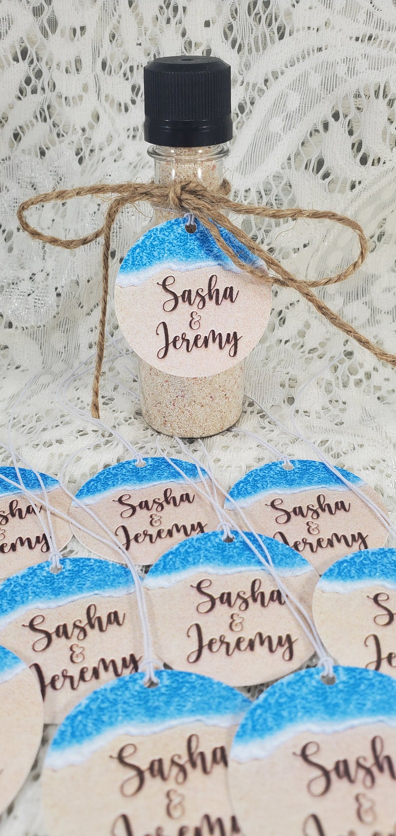 Beach Theme 110 lb. Cardstock Personalized Tags for Destination Wedding Birthday Anniversary Sand Ocean Favor w/string image 4