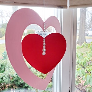 Hanging Hearts Valentine's Day large indoor Decorations with rhinestone accents, pink, red, and white cardstock cutouts image 7