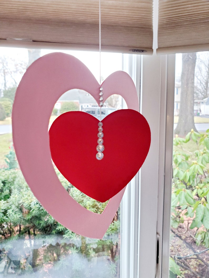 Hanging Hearts Valentine's Day large indoor Decorations with rhinestone accents, pink, red, and white cardstock cutouts image 7