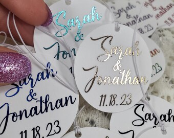 Foiled Cardstock Personalized Tags Sets of 20 for Wedding, Birthday, Anniversary, Holiday, Business Event, Bridal, multiple colors, w/string