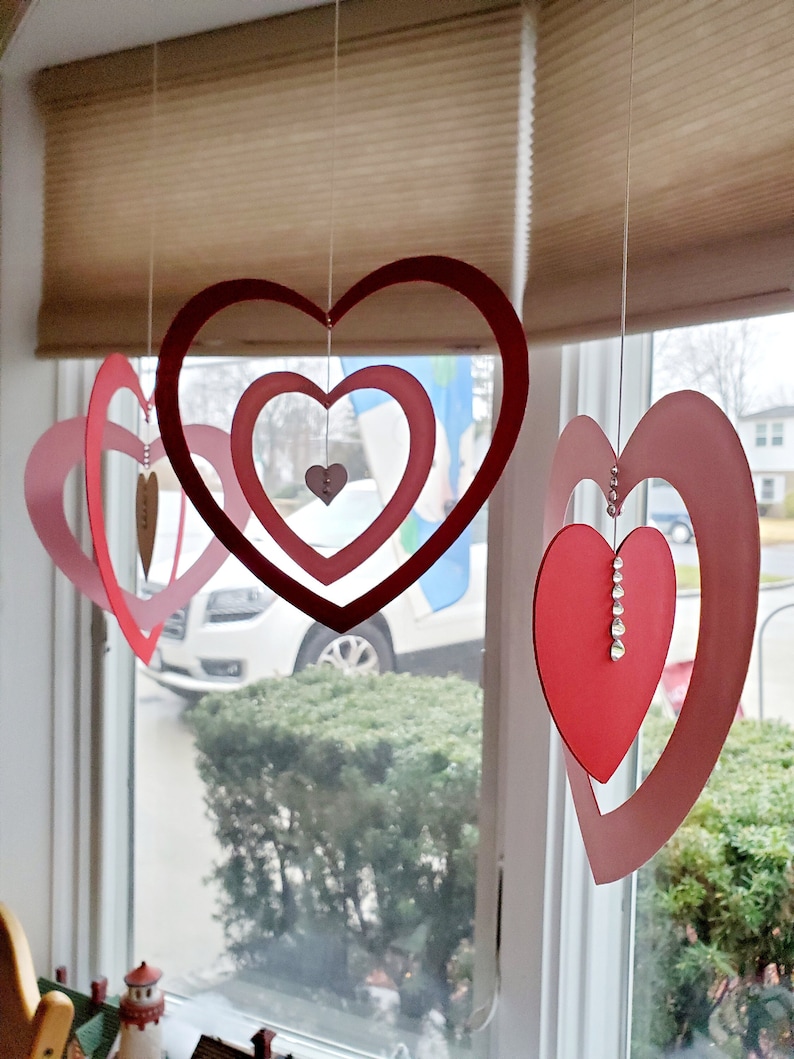Hanging Hearts Valentine's Day large indoor Decorations with rhinestone accents, pink, red, and white cardstock cutouts image 1