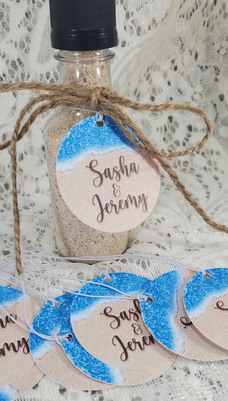 Beach Theme 110 lb. Cardstock Personalized Tags for Destination Wedding Birthday Anniversary Sand Ocean Favor w/string image 8