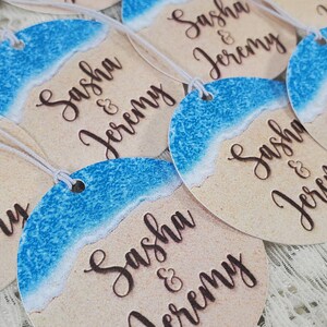 Beach Theme 110 lb. Cardstock Personalized Tags for Destination Wedding Birthday Anniversary Sand Ocean Favor w/string image 5
