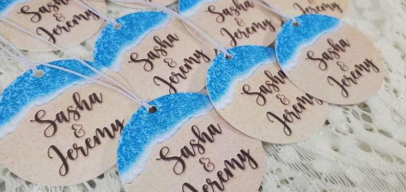 Beach Theme 110 lb. Cardstock Personalized Tags for Destination Wedding Birthday Anniversary Sand Ocean Favor w/string image 5