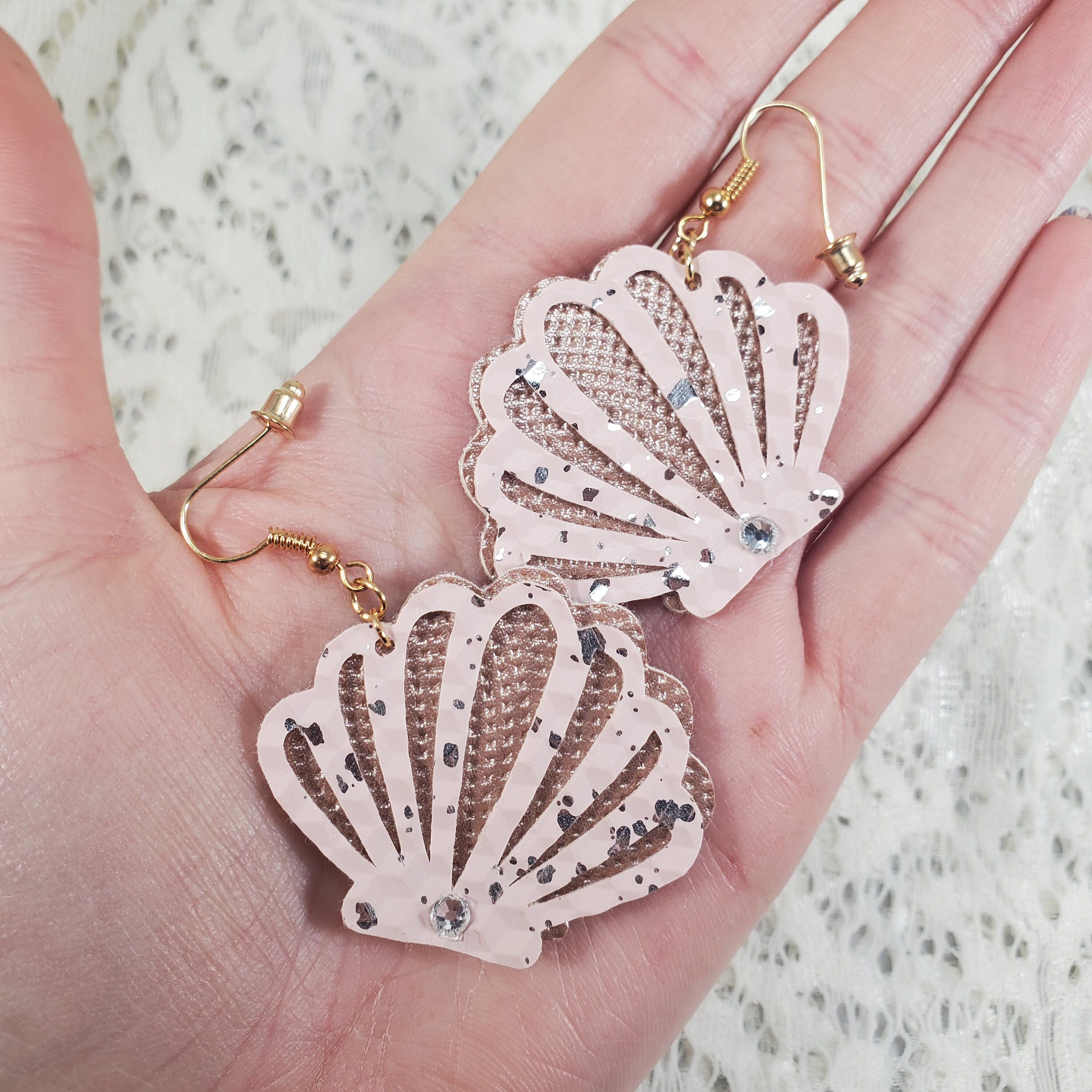 Seashell Faux Leather Earrings: Pink & Rose Gold, Surgical Steel