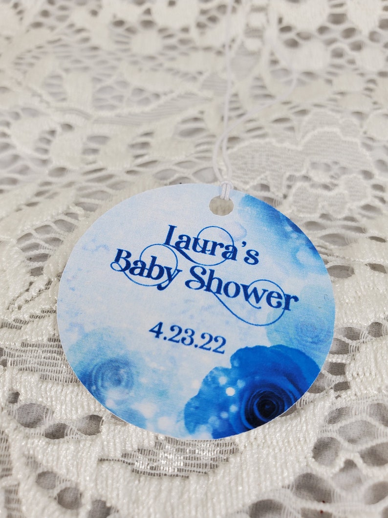 Bleu Floral Rose papier cartonné étiquettes personnalisées pour mariage anniversaire anniversaire vacances mariée ou Baby Shower w/string image 6
