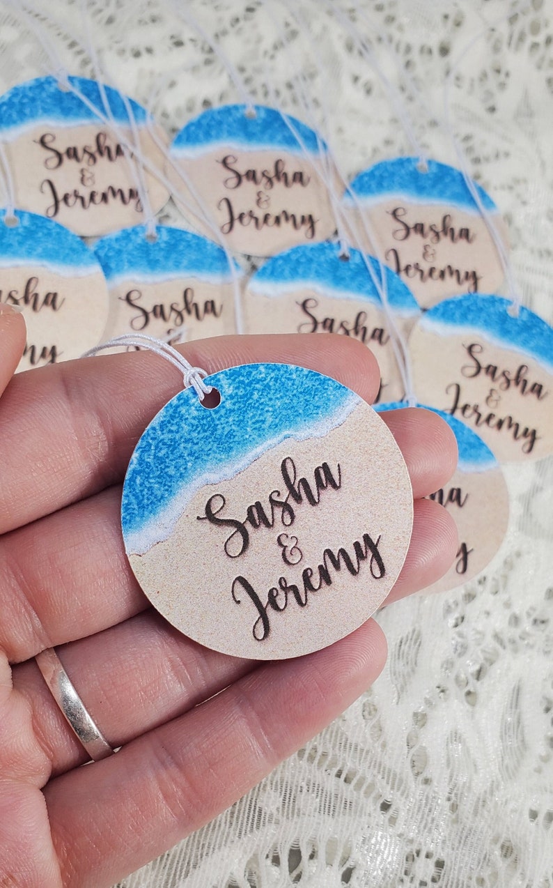 Beach Theme 110 lb. Cardstock Personalized Tags for Destination Wedding Birthday Anniversary Sand Ocean Favor w/string image 1