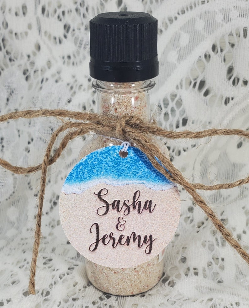 Beach Theme 110 lb. Cardstock Personalized Tags for Destination Wedding Birthday Anniversary Sand Ocean Favor w/string image 2