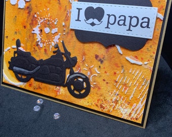 carte fête des pères / love papa / moto noire, fond couleur