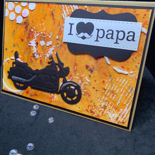 carte fête des pères / love papa / moto noire, fond couleur
