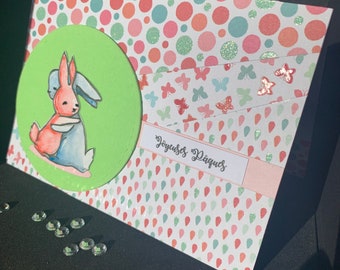 carte joyeuses Pâques deux petits lapins câlins