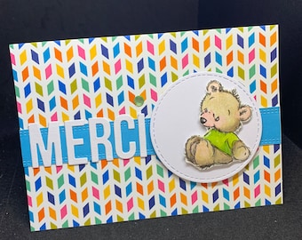 carte de remerciements arc en ciel  "merci" petit ours