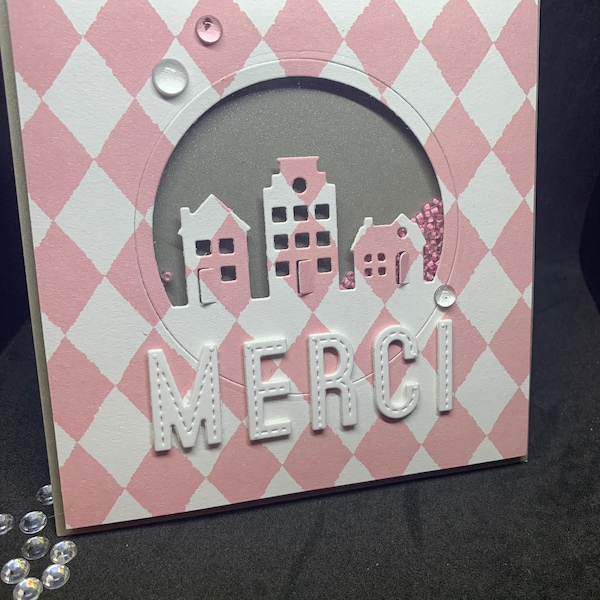 carte de remerciements maisons pastel "merci" shaker card