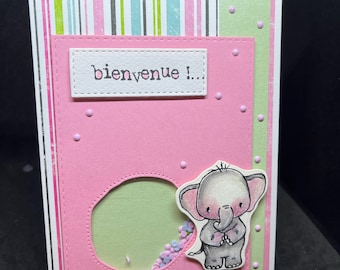 birth card to shake little elephant delivers the message of “welcome”