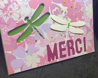 carte de remerciements  "merci" shaker card libellules et strass