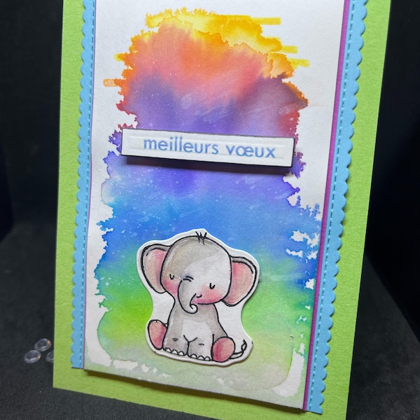 carte meilleurs vœux, fait main, carte unique ... un elephant mignon sourit sur un fond très coloré
