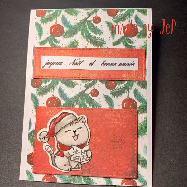 carte joyeux Noël et bonne année,carte de voeux, fait main, carte unique ... le chant du chat !