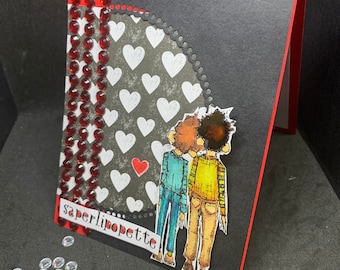 “saperlipopette” couple card with hearts and red rhinestones