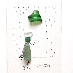 Collage de bouts de verre polis par la mer - Homme au parapluie