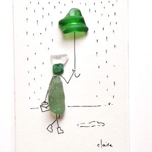 Collage de bouts de verre polis par la mer - Homme au parapluie