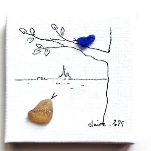 Petit tableau collage de bouts de verre polis par la mer - Arbre aux oiseaux