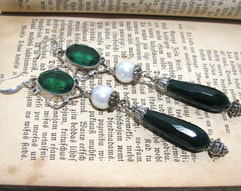 Long Gemstone statement earrings from Jade and Crystal/Vintage and ancient style earrings/ French 18th style long drop earrings