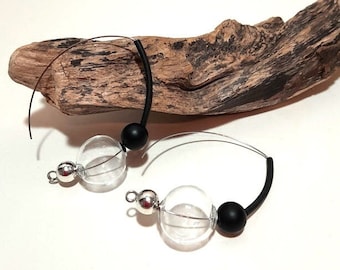 Contemporary jewelry earrings/Black rubber earrings with hand blown glass balls/Modern unusual designed earrings /Gift for her/Free shipping