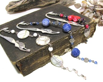 Bookmark set of 3 with silver mermaid and  Freshwater pearls, Coral and mother of pearl beads/Set of 3 bookmarks/Mermaid bookmarks