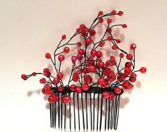 Beaded hair comb red berries/ alternative gothic bride jewelry red black hair comb/can can cabaret style red black beaded hair comb/red comb