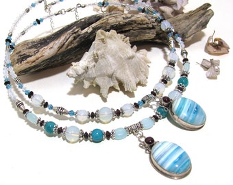 Handmade Agate gemstone sterling silver pendant choker necklaces with Garnet, Jade and Composite Larimar beads for choose